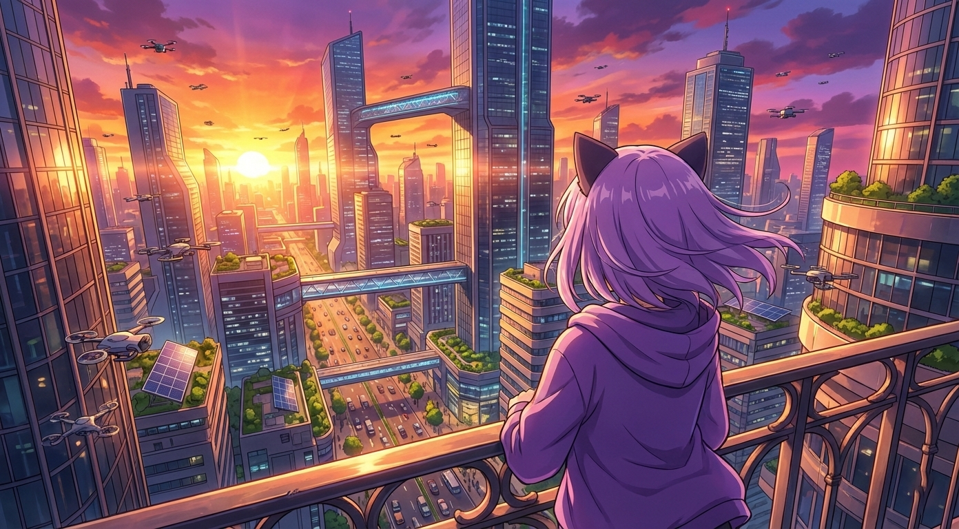 Леночка EasyByte смотрит на футуристический город с балкона