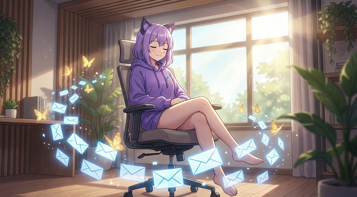 Леночка EasyByte спокойно сидит за столом с письмами