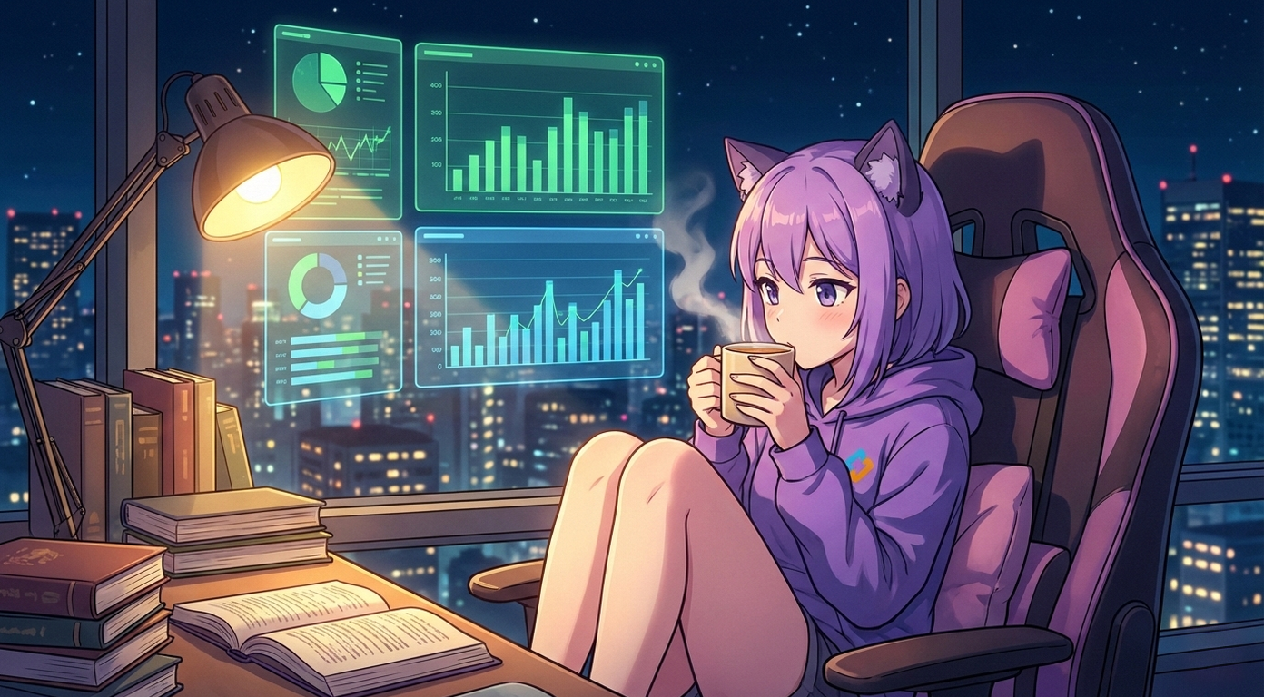 Леночка EasyByte пьет кофе, глядя на графики города