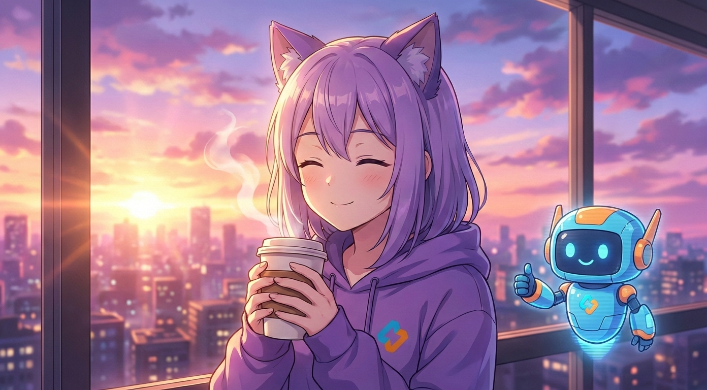 Леночка EasyByte пьет кофе на фоне городского заката