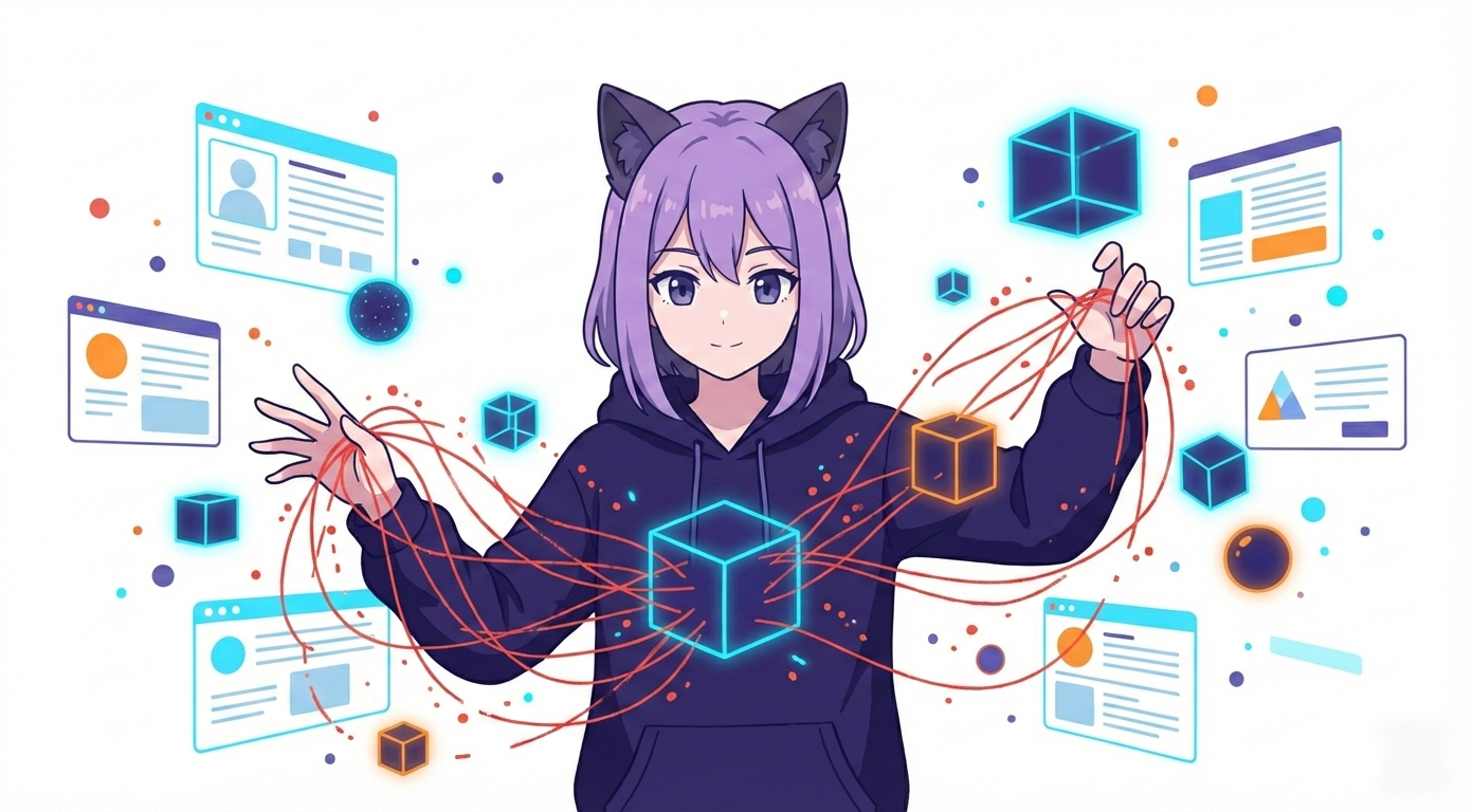 Леночка EasyByte связывает кубики с красными нитями в сети