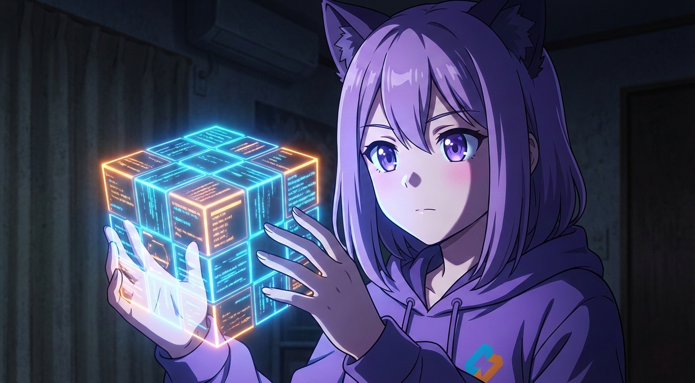 Леночка EasyByte рассматривает мерцающий кубик с кодом