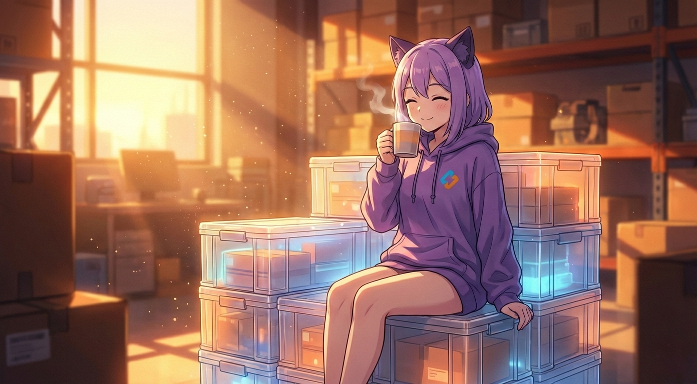 Леночка EasyByte пьет кофе на складе, улыбаясь солнцу