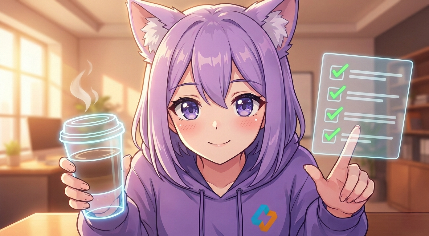 Леночка EasyByte проверяет список дел с кофе.